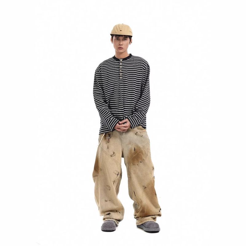 Men's Distressed Patchwork Denim Pants – Post-Apocalyptic Wide-Leg Jeans (High Waist, Button Fly, Lightweight)_voghion.com