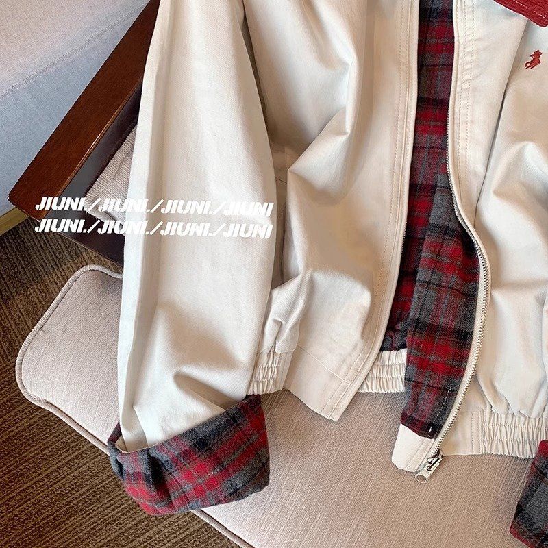 RL Raff Pony Label Short Top Embroidered American Style Jacket Men's Turn-Down Collar Patchwork Plaid Coat Unisex_voghion.com