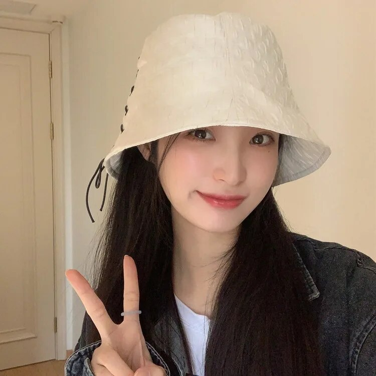 Chapeau de pêcheur à bretelles pour fille très douce, nouveau printemps et été, Style coréen, doux et polyvalent, couvrant le visage, Protection solaire, chapeau seau respirant_voghion.com