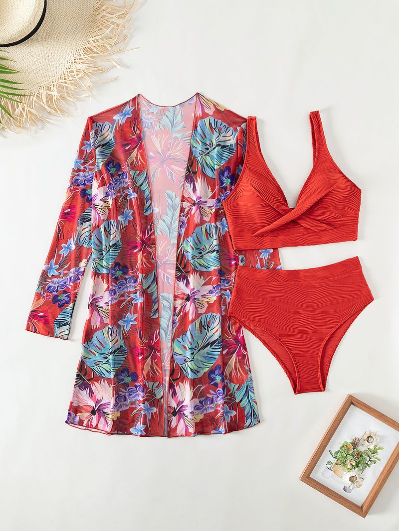 costume da bagno in tre pezzi diviso da donna a maniche lunghe bikini celebrità di Internet a vita alta tinta unita_voghion.com