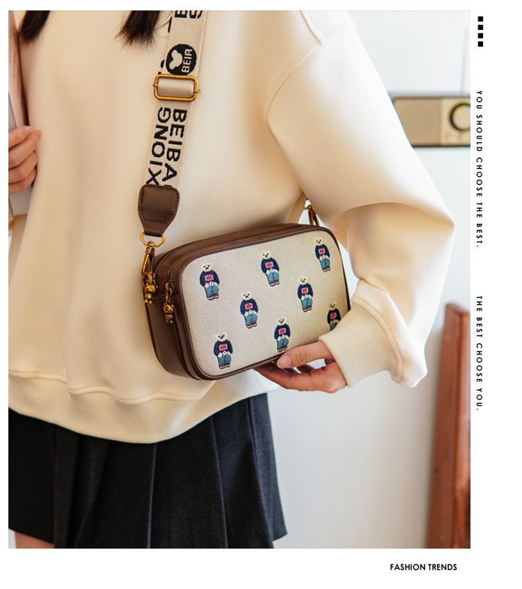 Borsa a tracolla, vera tracolla larga in tela ricamata e pelle, piccola borsa quadrata monospalla, grande capacità._voghion.com