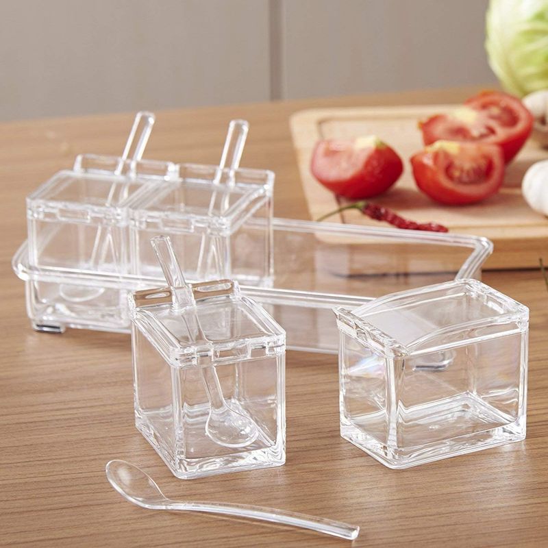 Contenitore per spezie in acrilico trasparente, 4 pezzi, contenitore per spezie, bottiglia per olio con coperchio e cucchiaio_voghion.com