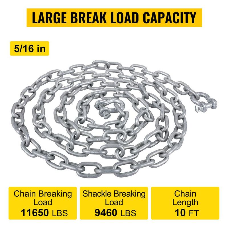 VEVOR Anchor Chain, 10' X 5/16" Galvanized Steel Chain, 3/8" Anchor Chain Shackle, 11650lbs Anchor Lead Chain Breaking Load, 9460lbs Anchor Chain Shackle Breaking Load, Anchor Chain For Boats, Ships_voghion.com