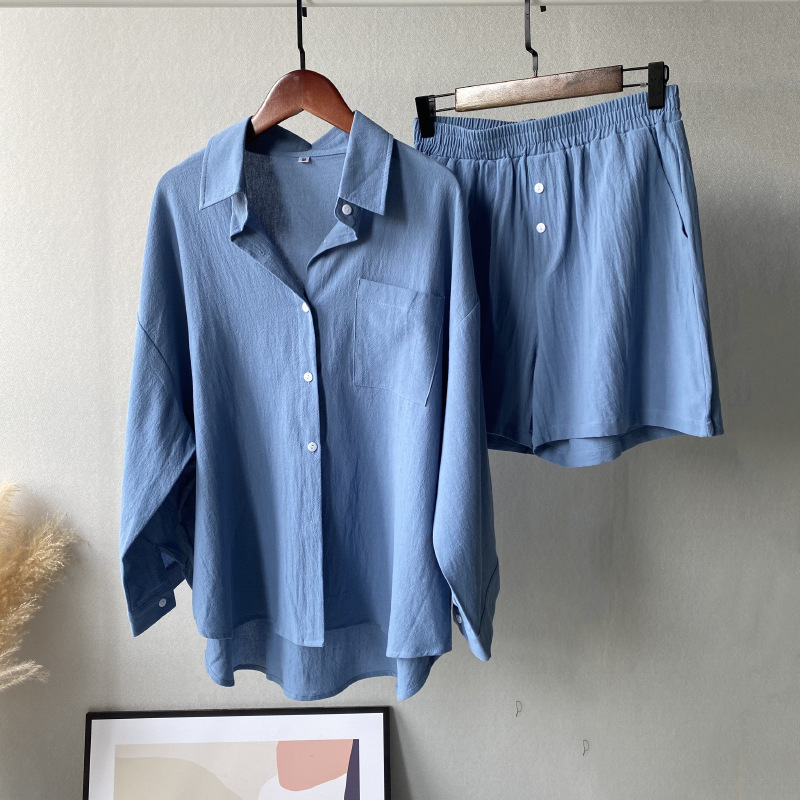 Ensemble 2 pièces rétro pour femmes, chemise en coton et lin, grande taille, short ample taille haute_voghion.com