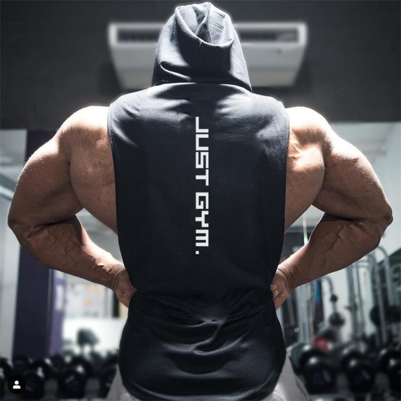 Muscle men's fitness cotton printed camisole hooded sports vest loose hurdle training sleeveless top_voghion.com