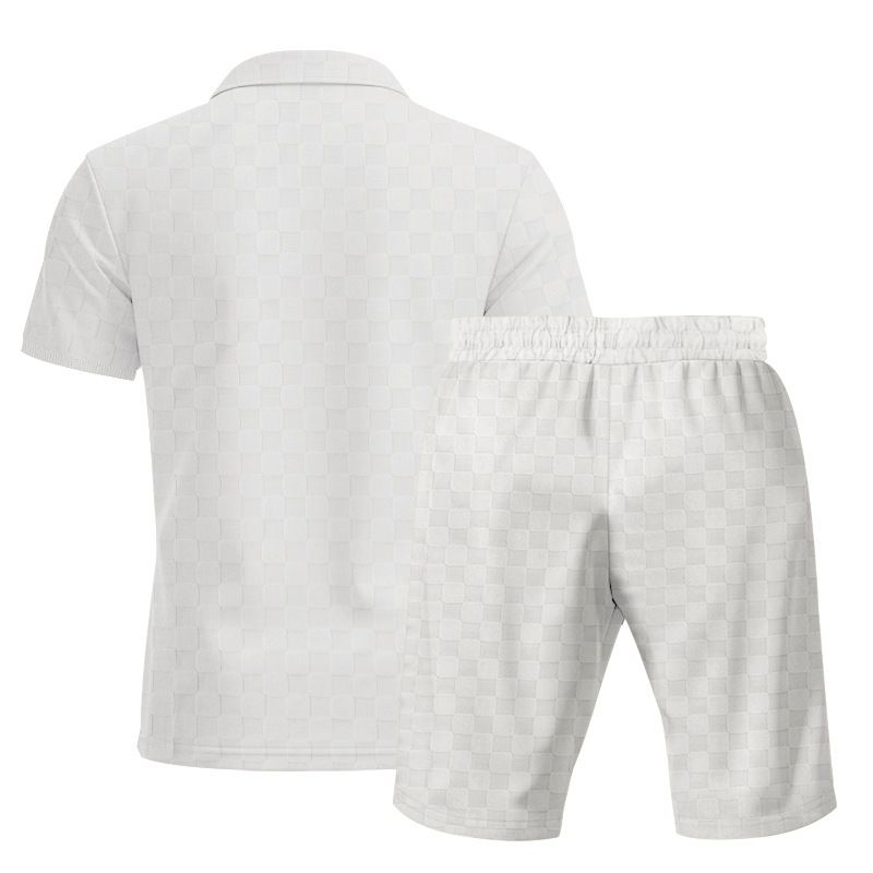 Herren Schweres, lockeres, lässiges, einfaches Poloshirt mit Schachbrettmuster und Reißverschluss, kurzärmelig, Shorts-Set_voghion.com