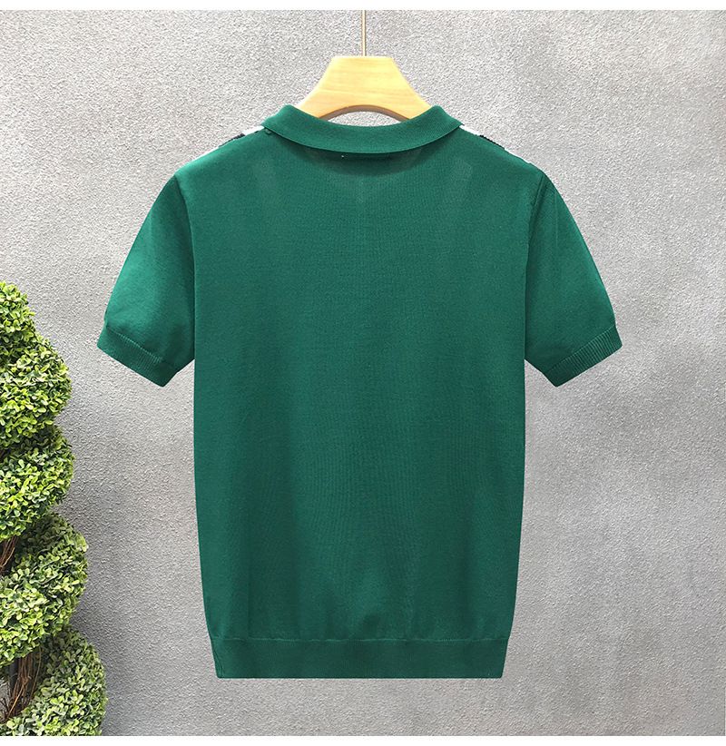 Herrenbekleidung Freizeit Ice Silk Slim Herren Vertikal Gestreiftes Revers Gestricktes Kurzarm T-Shirt Business_voghion.com