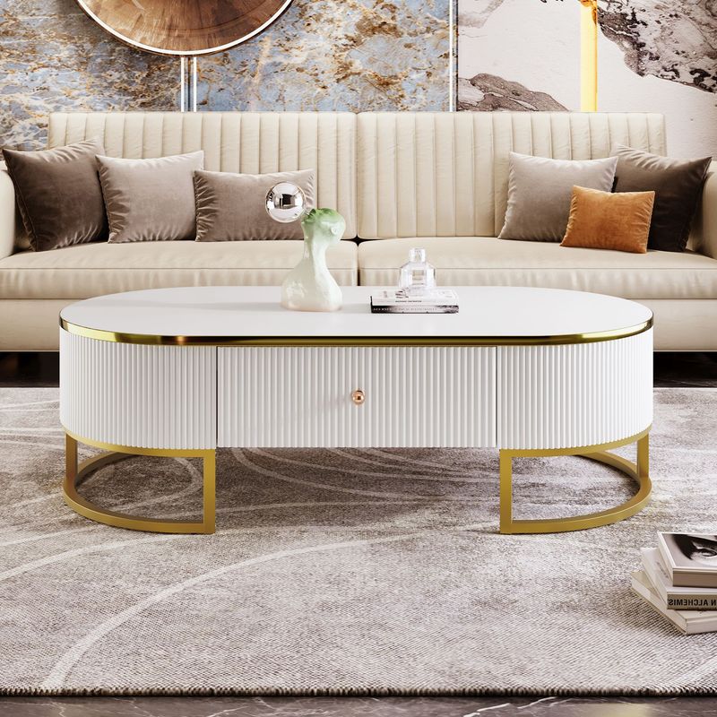 Modern Oval Coffee Table With Drawers,Curved Profile Design, Gold Metal Decor, Center Table For Living Room In 47.2"_voghion.com