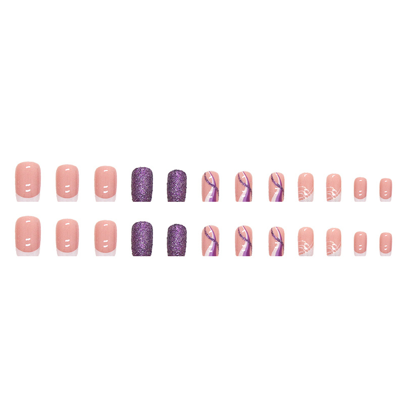 Testa 24 pezzi quadrati finti con design francese glitter viola finte indossabili con bara, unghie finite a pressione_voghion.com