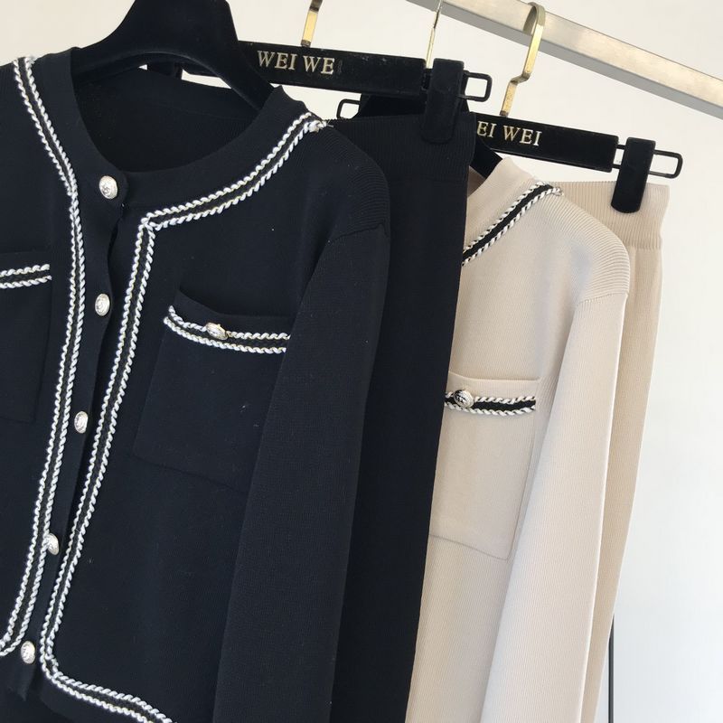 Kadın moda yuvarlak boyun örme hırka üst geniş bacak pantolon iki parçalı set_voghion.com