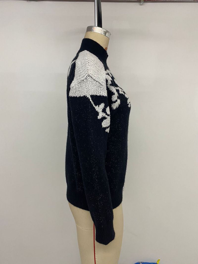 Damen-Halbrollkragenpullover aus Jacquard mit Blumenmuster – Schwarz-Weiß-Kontrastdesign, lockere Passform, bequeme Acrylmischung, langärmlige Freizeitstrickware_voghion.com