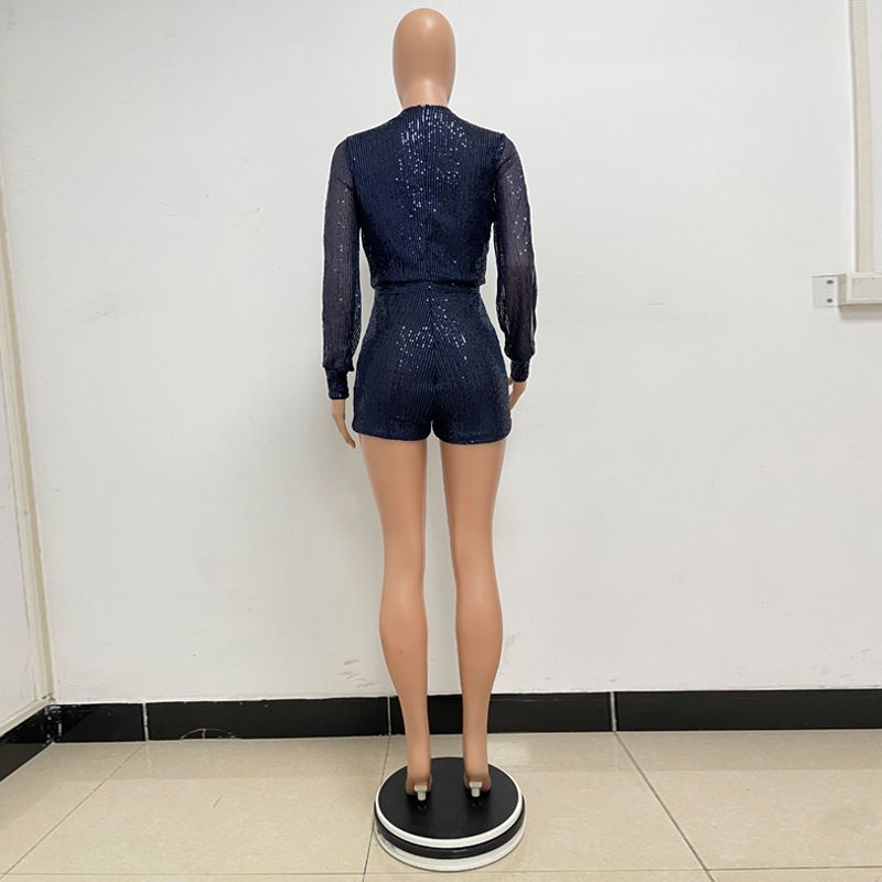 Damkläder jumpsuit mode smal långärmad slits paljettjumpsuit_voghion.com