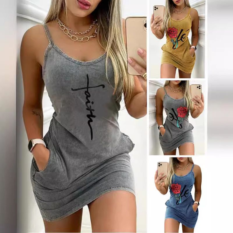 Letní nová tištěná kapsa na hubnutí s ramínky, šaty s taškou a boky, zavinovací sukně_voghion.com