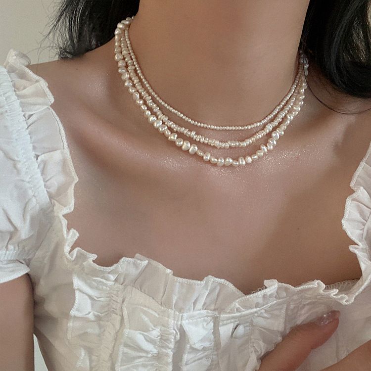 Collana con perle d'acqua dolce da donna, stile retrò francese, semplice, versatile, elegante, alla moda, con catena per clavicola_voghion.com