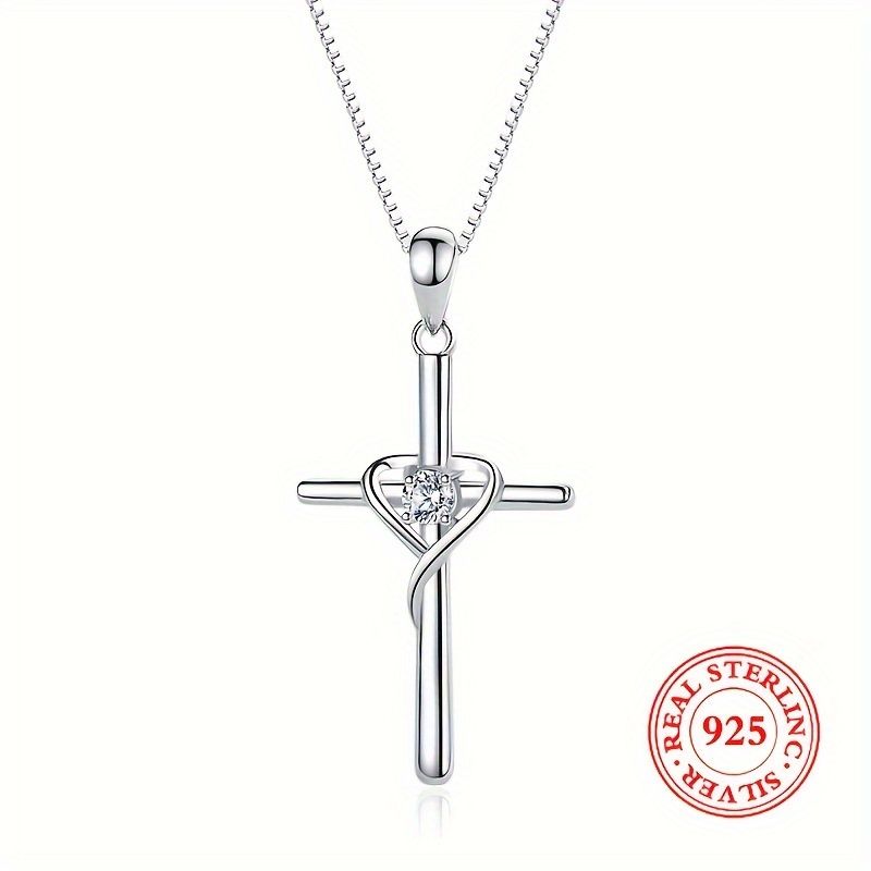 Collana con ciondolo a forma di croce a forma di cuore, in zircone, da donna, in acciaio inossidabile, con catena a scatola, in argento Sterling_voghion.com