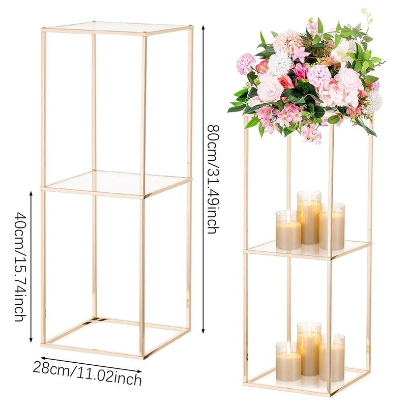 2 Pack 31.5 Inch Golden Flower Stand With 2-Layer Acrylic Pane Metal Flower Display Rack Tables Centerpieces Floor Geometric Column Vases For T-Stage Wedding Birthday Party Decorations_voghion.com