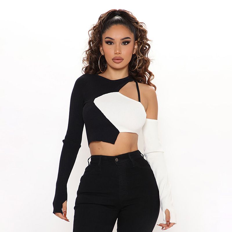 Abbigliamento Donna nuovo top monospalla con cuciture a contrasto a maniche lunghe con ombelico scoperto_voghion.com