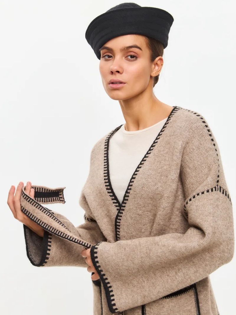 Elegant Belted Knit Cardigan - Oversized Longline V-Neck Sweater With Contrast Trim, Soft Lambswool Blend, Casual & Chic_voghion.com