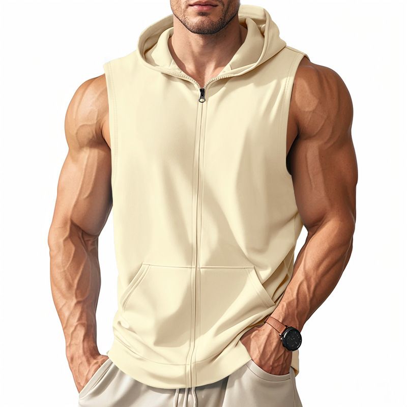 Herren Sommer Unterhemd mit Kapuze Sport Fitness Training Reißverschluss Strickjacke Ärmellose Weste Tops_voghion.com