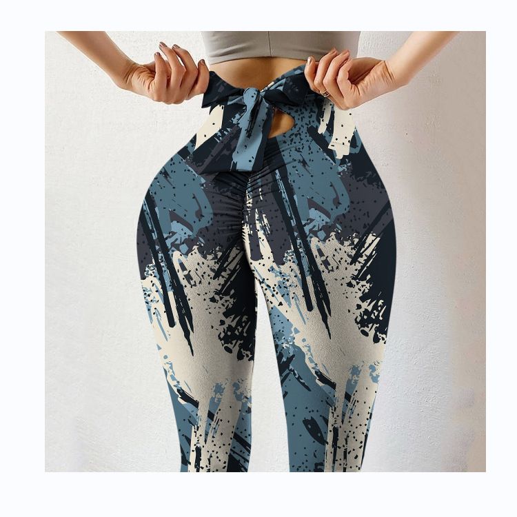 Pantaloni da yoga da yoga da donna con stampa multicolore antirughe sull'anca, dimagranti a vita alta, con fiocco elasticizzato_voghion.com