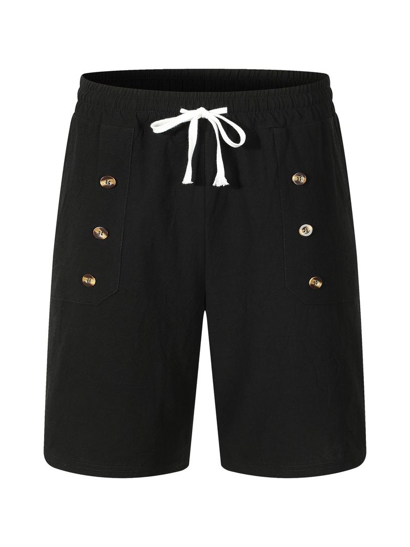 Pantaloncini estivi da uomo in cotone e lino, casual americani, larghi e dritti, con bottoni_voghion.com
