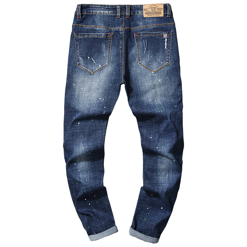 Men's Slim Fit Stretch Jeans – Distressed Embroidered Straight-Leg Denim Pants With Paint Splatter & Patchwork (28-38)_voghion.com