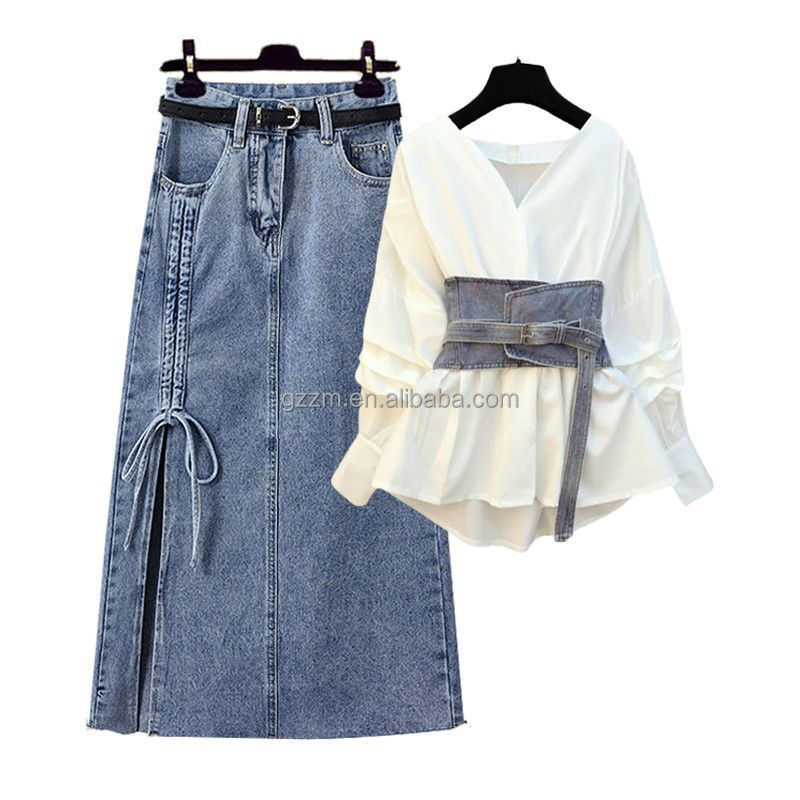 Autumn Suit Women's New Large Size Women's Waist Tucked Shirt + Denim Skirt Two-piece Set567_voghion.com