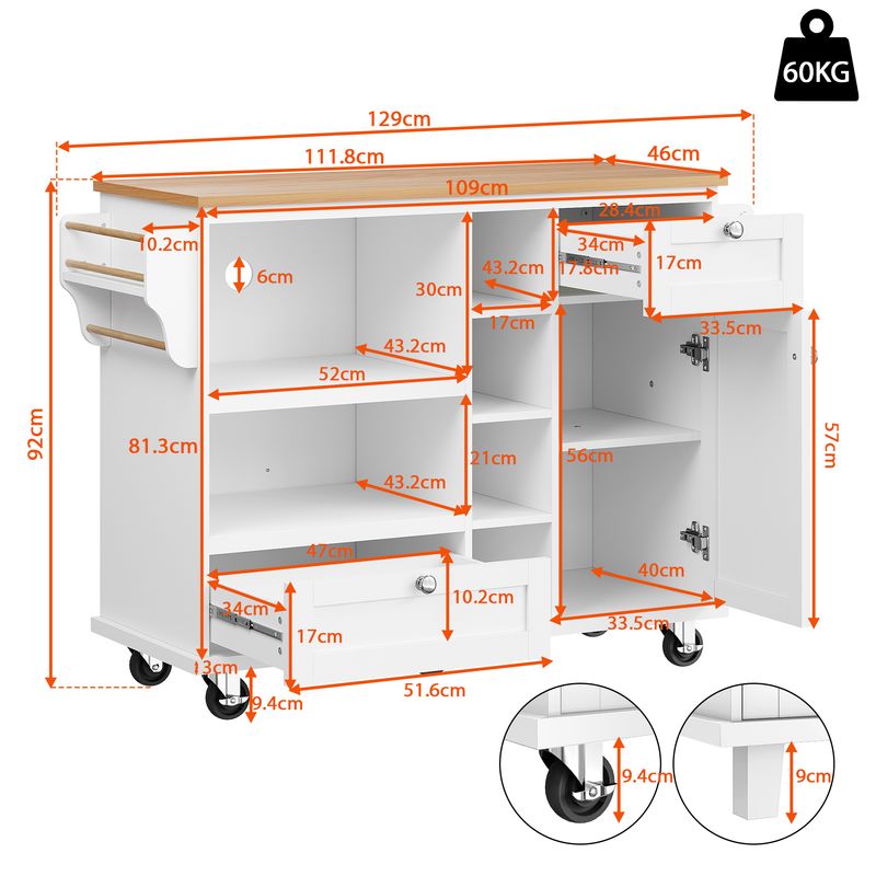 Esszimmerwagen Weiß 129x92cm Mit Schubladen, Hellbrauner Arbeitsplatte_voghion.com