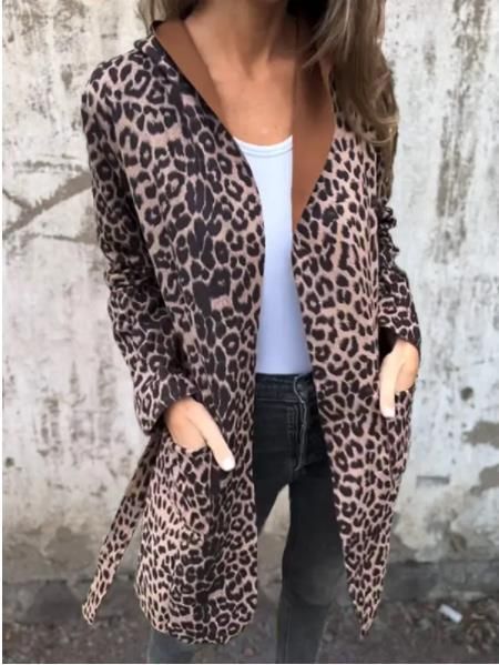 2024 Nuova giacca con cappuccio e stampa leopardata, cardigan, cintura, trench lungo_voghion.com