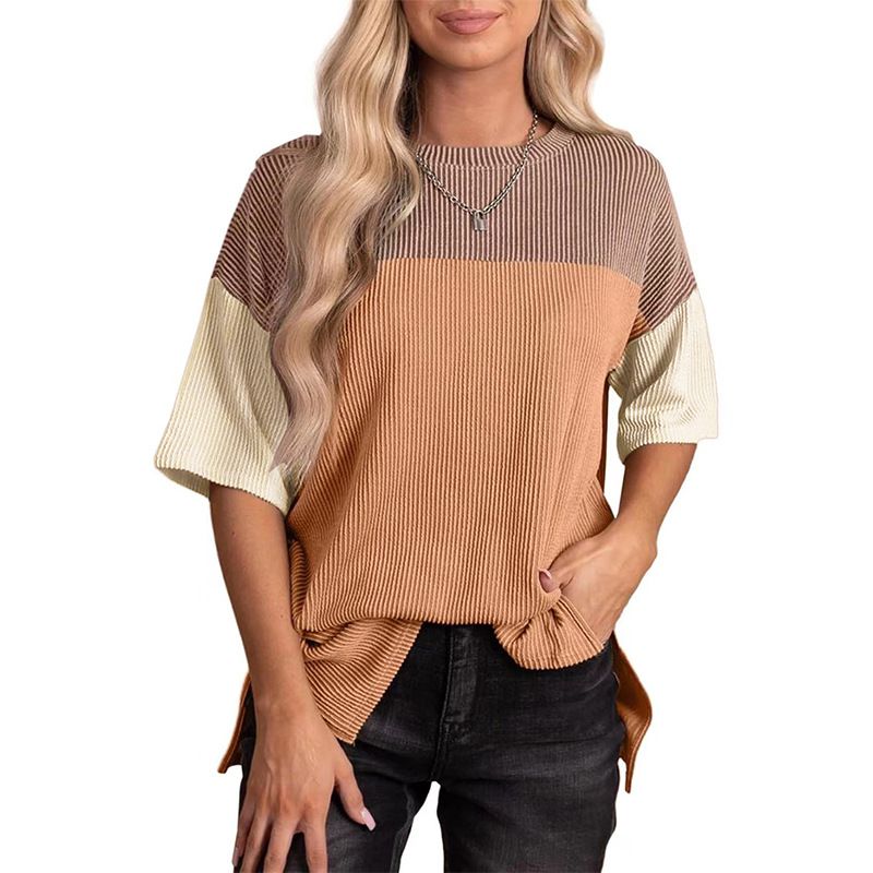 Damenbekleidung Rundhals-Shirt Modisches und vielseitiges Casual Temperament Dreifarbiges Top-T-Shirt_voghion.com