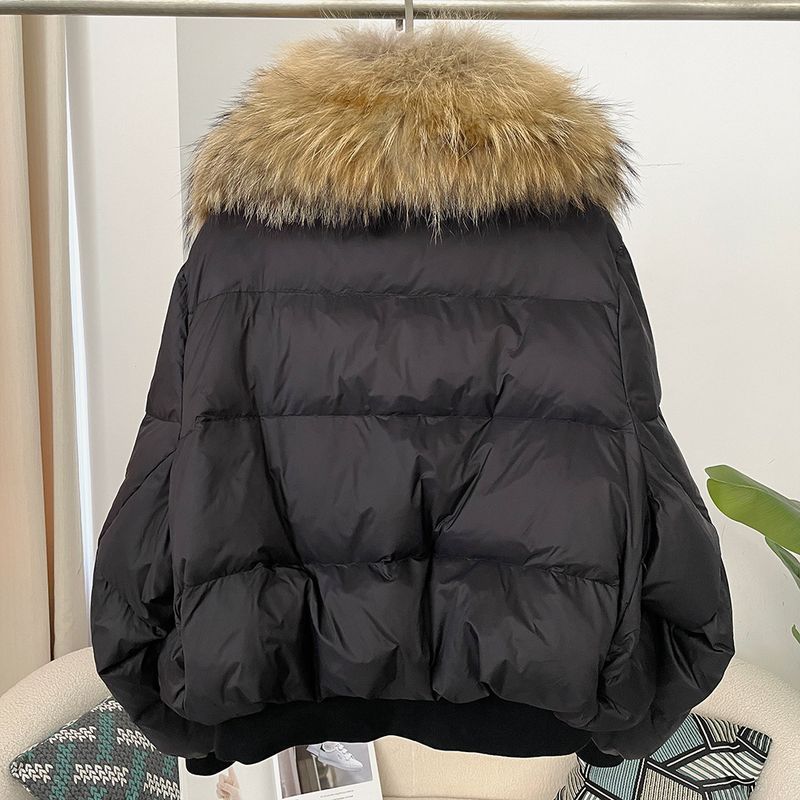 Women's Clothing Ready to stock detachable oversized raccoon fur collar winter women's short thickened white duck Warm jacket jacket flat coat coat_voghion.com