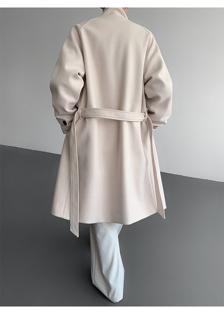 Gabardina de mezcla de lana con cuello alto para hombre: abrigo largo entallado, chaqueta de invierno de botonadura sencilla (negro/albaricoque, M-5XL)_voghion.com