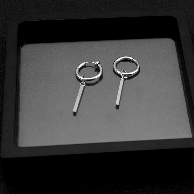 Titanium Earrings Hip Hop Punk Square Bar Stud Stainless Steel Long Strip Unisex Style Ins No Piercing Ear Clips_voghion.com