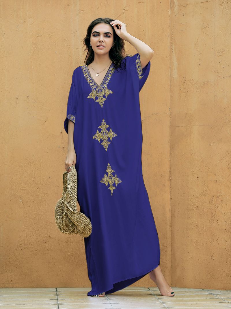 Robe de plage brodée en coton pour femme - Jupe longue portefeuille légère pour maillot de bain et protection solaire_voghion.com