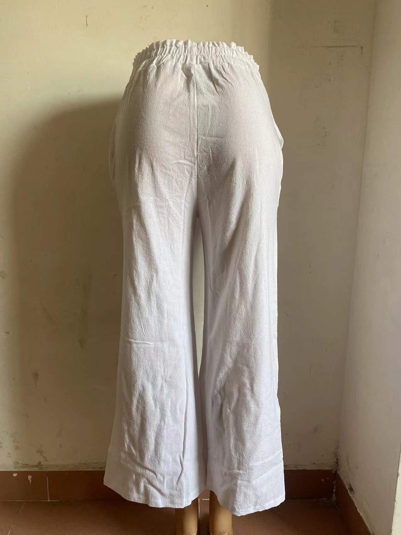 Pantaloni larghi casual a vita alta da donna in cotone e lino tinta unita a vita alta_voghion.com