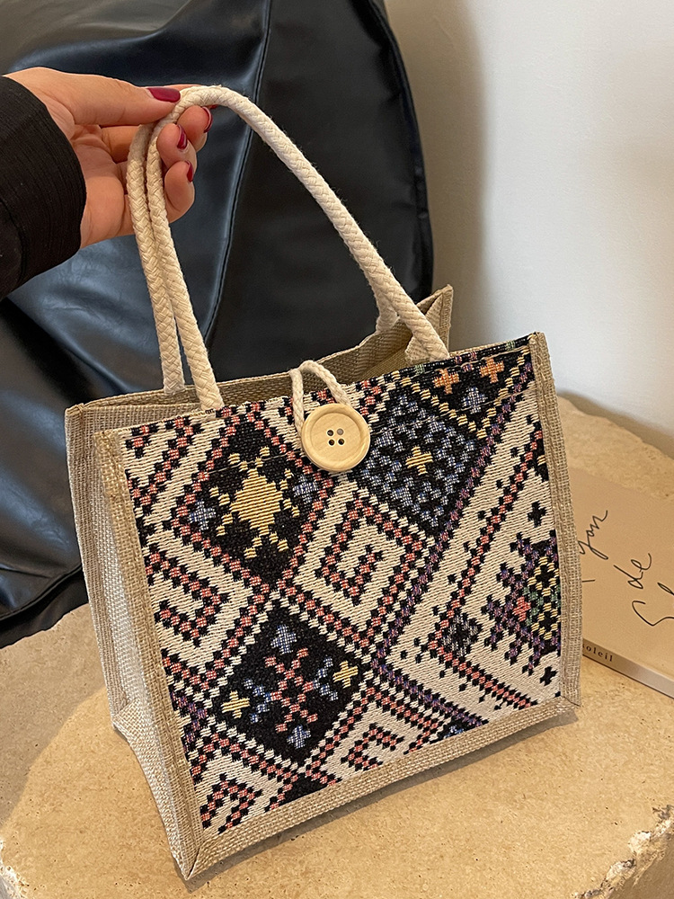Borsa da viaggio in tela in stile etnico per donna, estiva, nuova moda, da portare a mano all'aperto, in lino, per il pranzo, per la mamma_voghion.com
