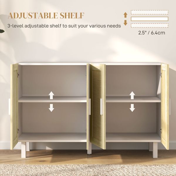 HOMCOM Boho Kitchen Cabinet, Buffet Cabinet With 4 Rattan Doors And Adjustable Shelves For Dining Room, White And Natural_voghion.com