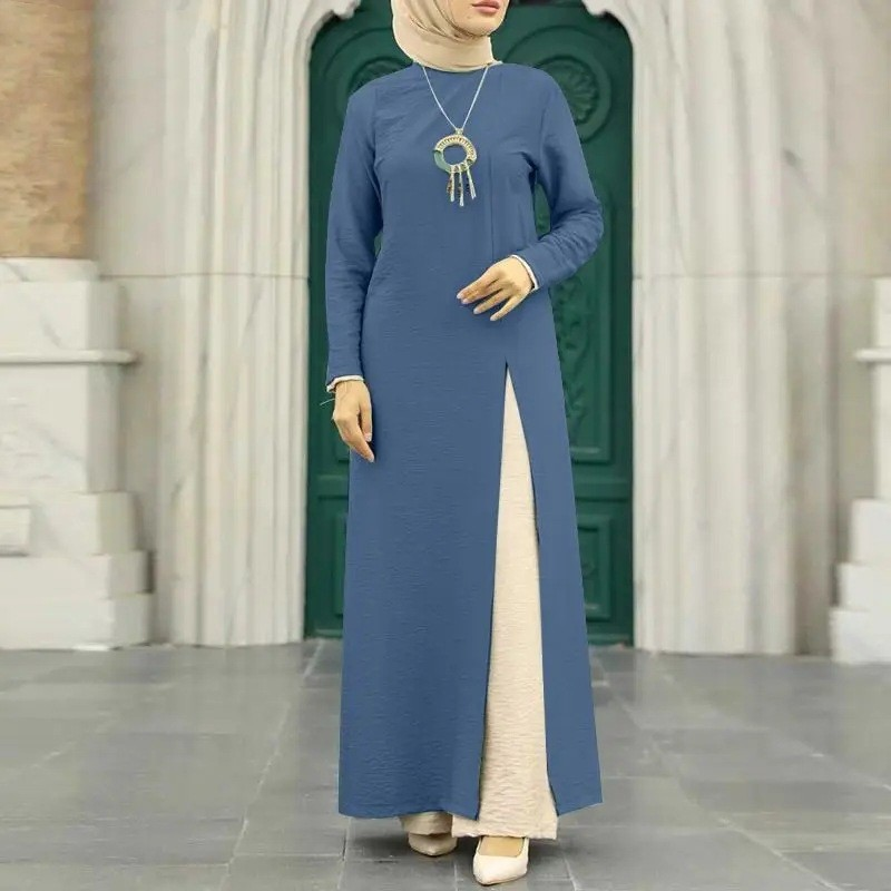 Damkläder Muslimska kvinnors issilke skrynklig långärmad hög slitsfåll klänning moderiktig enfärgad elegant intellektuell damrock_voghion.com