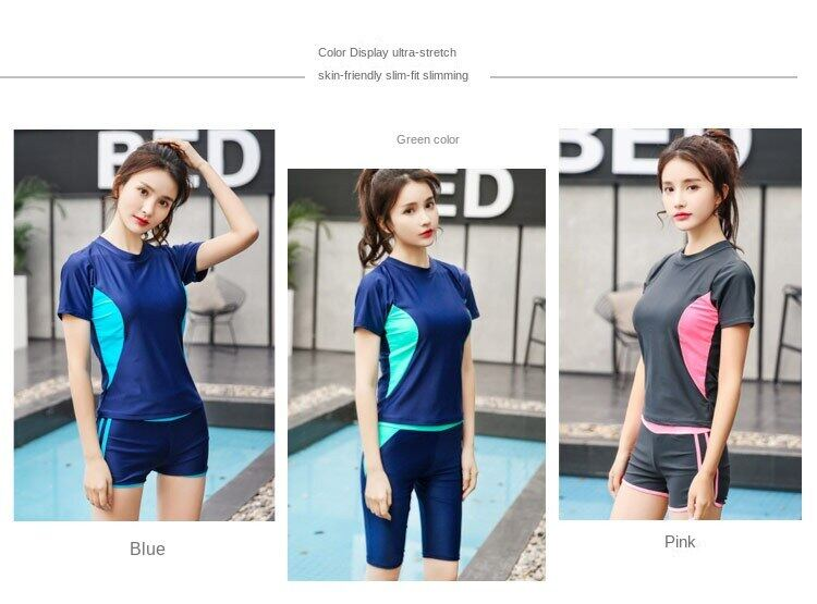 Schlanker einfarbiger Badeanzug für Damen, koreanische Split-Cropped-Hosen-Badebekleidung, zweiteilige flache Shorts_voghion.com