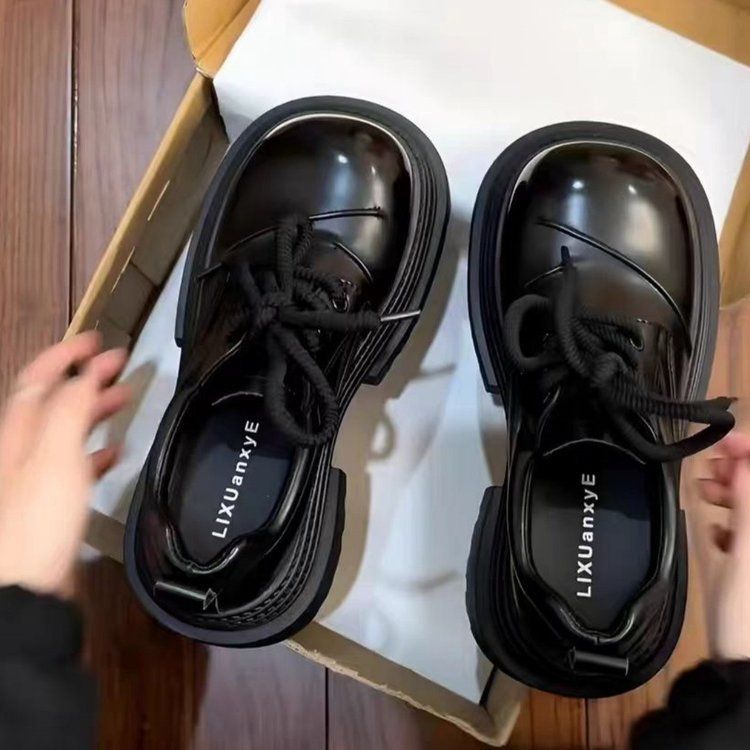 British Style Chunky Leather For Women 2025 Spring New Thick Sole Versatile Lace-up Loafers Height Increasing Single_voghion.com
