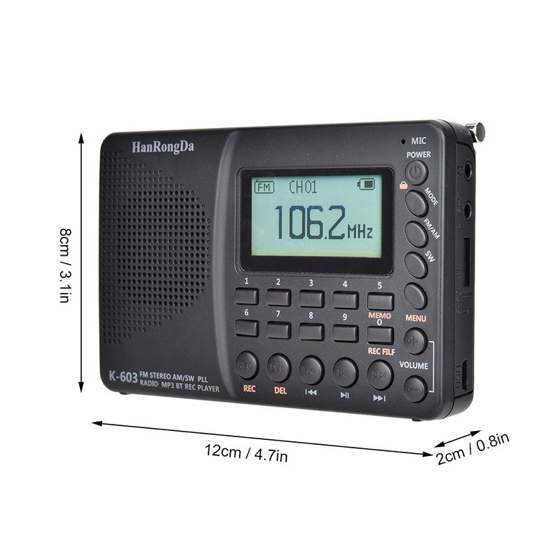 603 Portable AM/FM/SW/BT/TF Pocket USB MP3 Digital Recorder Support TF Card Bluetooth Radio_voghion.com