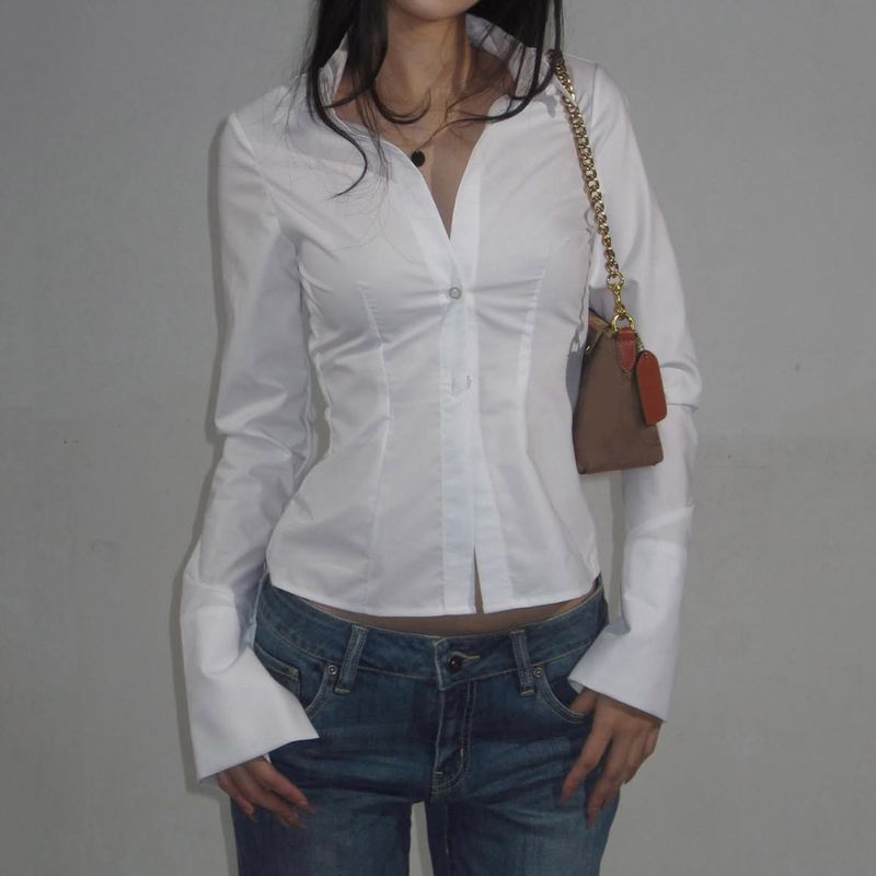 Slim Fit Long Sleeve Button-Down Shirt For Women – Minimalist Office Wear, Solid Color, Breathable Polyester, Classic Collar & Tailored Design_voghion.com