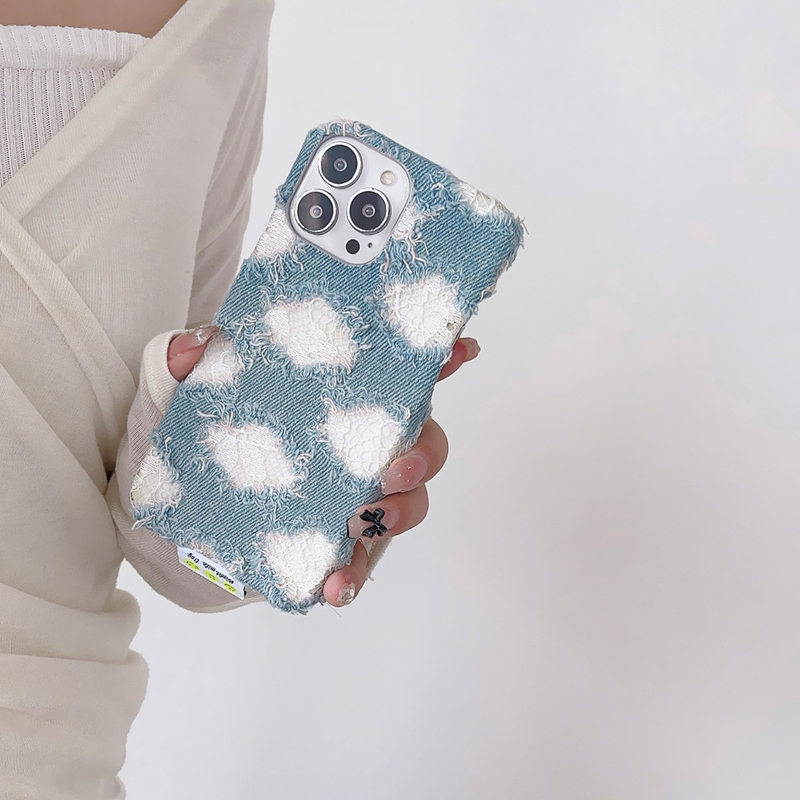 Capa de celular estilo coreano em tecido jeans adequada para iPhone 14 13 Pro Max, modelo feminino criativo 12 com renda 11_voghion.com