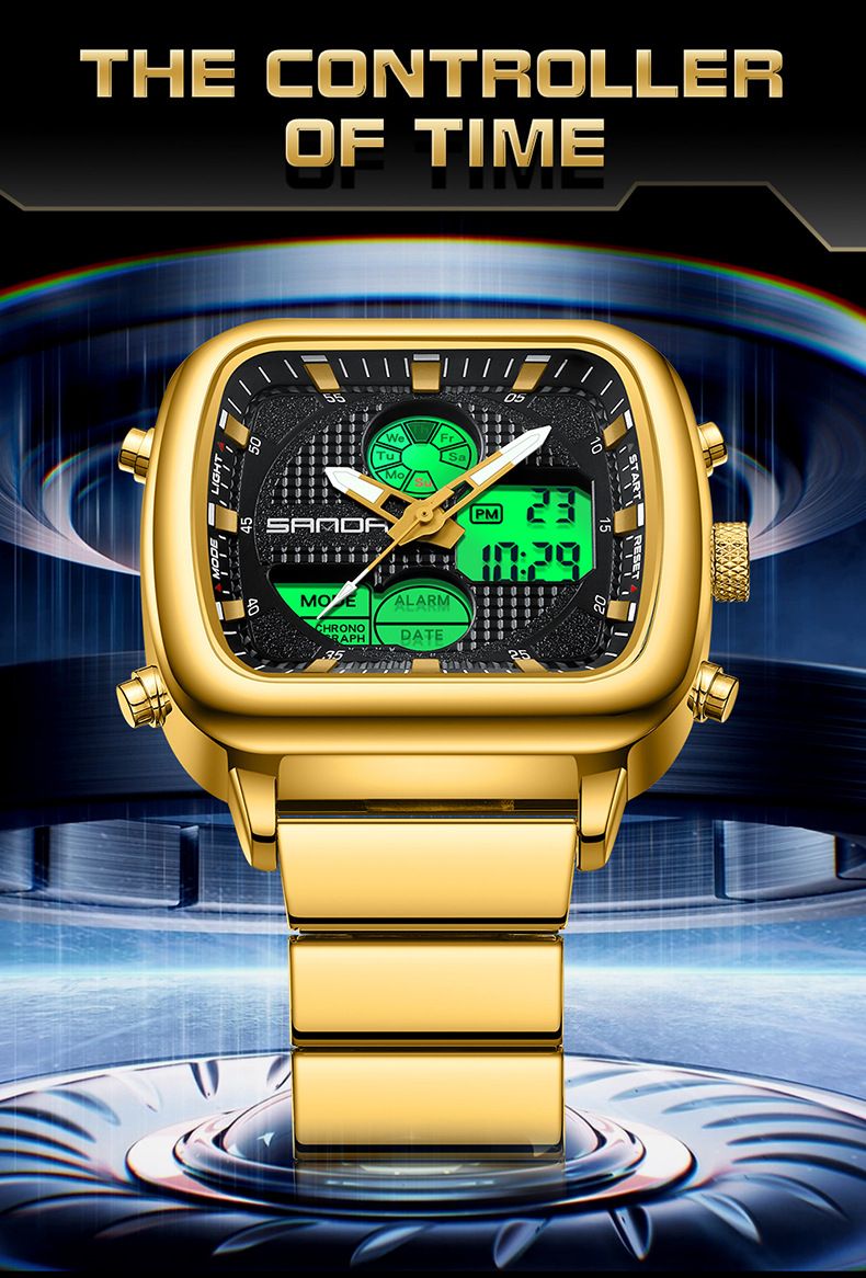 Digitaal analoog quartzhorloge voor heren met dubbel uurwerk, waterdicht, lichtgevend, roestvrijstalen band, alarm, stopwatch, dag-datumweergave_voghion.com