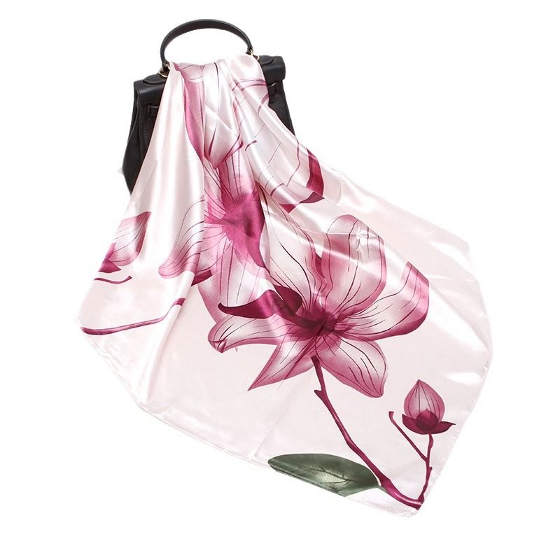 Blomsterprintet pink rødt printet damesilkefarvet Ding 90 cm stort firkantet tørklæde_voghion.com