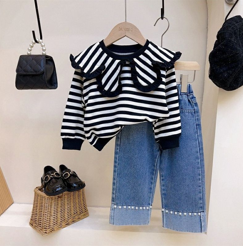 Ensemble deux pièces pour enfants, haut à revers rayé, pull, jean perlé_voghion.com