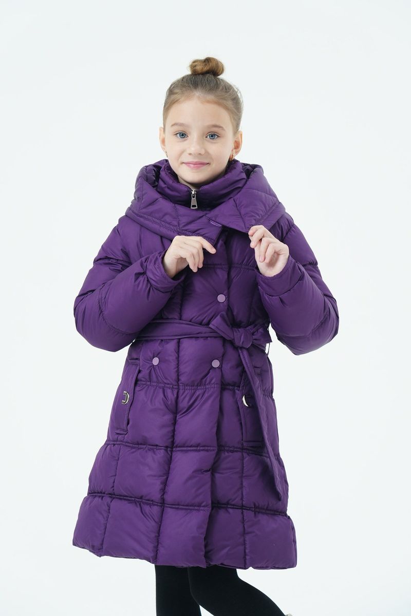 Mother & Kids Langer Puffermantel für Mädchen mit Gürtel und Kapuze – Warme Winterjacke mit Fleecefutter für Kinder (120–150 cm) – Lila/Wassermelonenrot/Schwarz_voghion.com