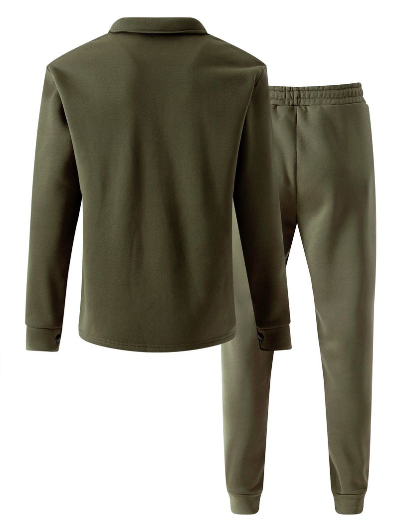Herren-Set aus gebürsteter Fleecejacke und -hose – Einreihiger Winteranzug (S-XXXL, Schwarz/Grau/Armeegrün)_voghion.com