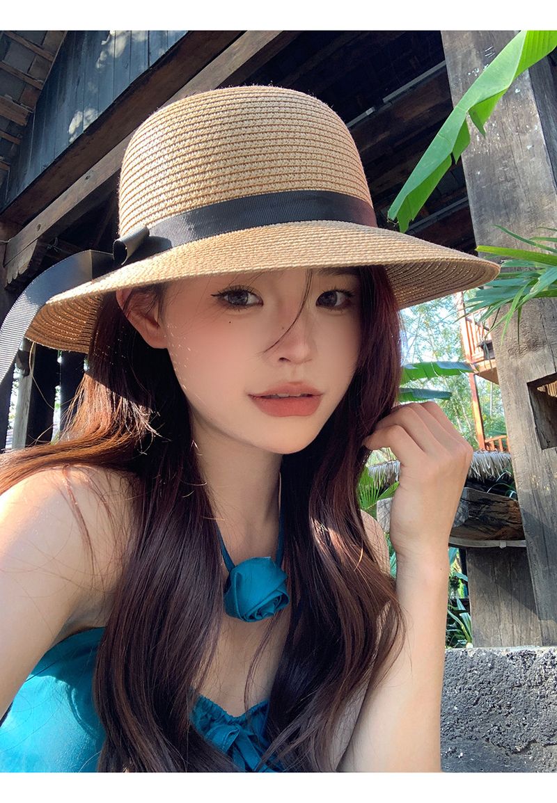 Slaměný klobouk dámský letní slunečník přímořský slunečník letní klobouk s velkou krempou UV opalovací krém klobouk příliv a odliv_voghion.com