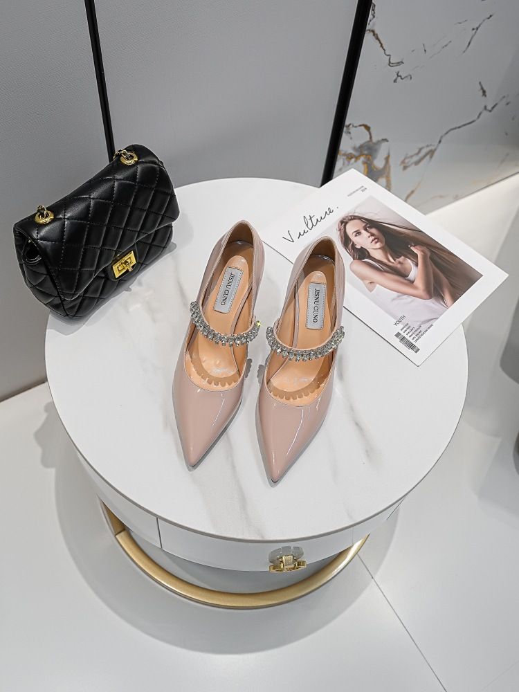 Nuove scarpe singole delicate color carne con catena per pendolari, con tacchi alti e punta a spillo, con abito, piccole dimensioni, scarpe da donna_voghion.com